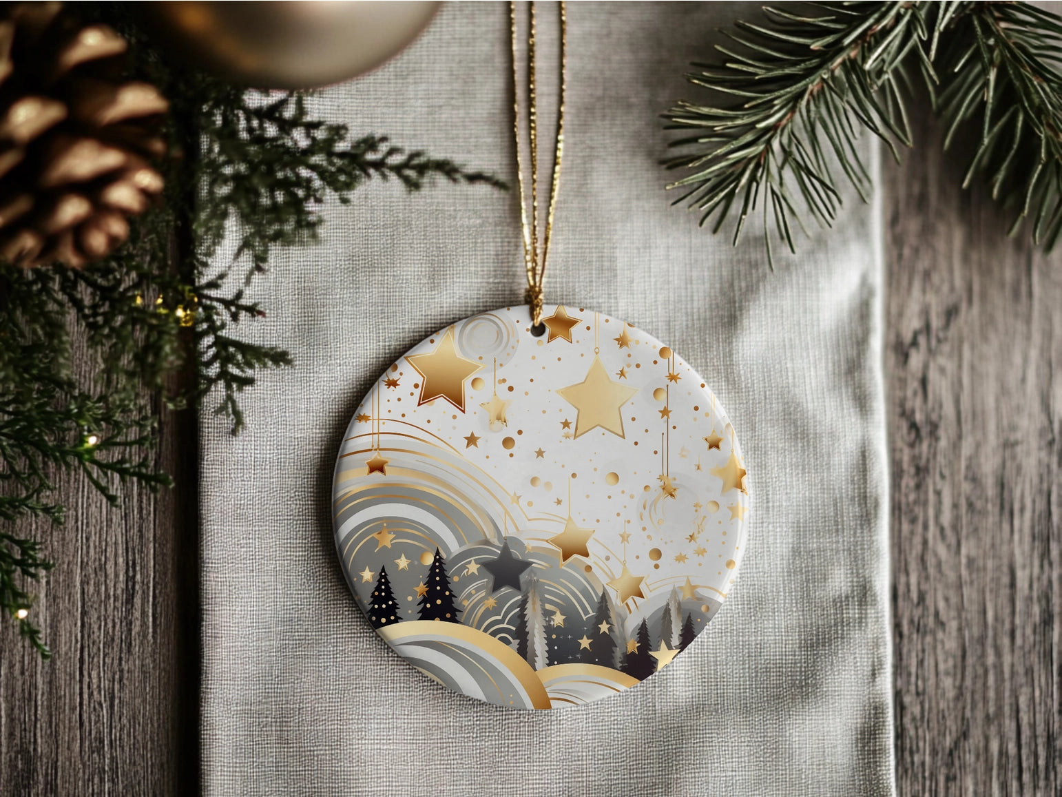 Round Christmas ornament with starry night design on a wooden surface with pine branches.