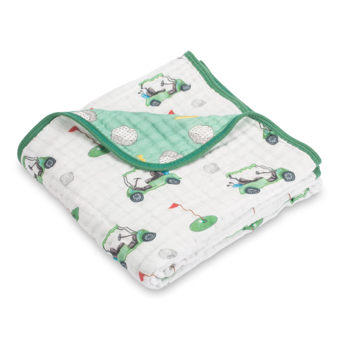 Baby blanket with golf car pattern on a white background