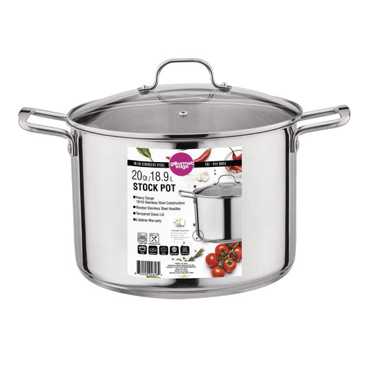 Stainless steel stock pot with lid on a white background
