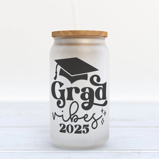 Grad Vibes 2025 Graduation Frosted Glass Can Tumbler