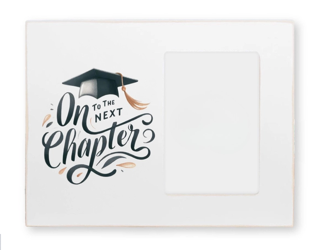 Graduation-themed card with text 'On to the Next Chapter' and a graduation cap on a white background.