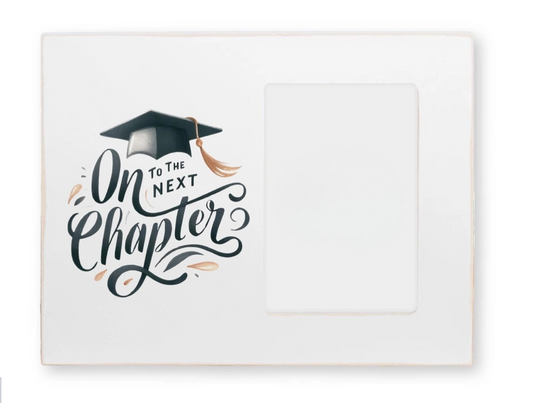 Graduation-themed card with text 'On to the Next Chapter' and a graduation cap on a white background.
