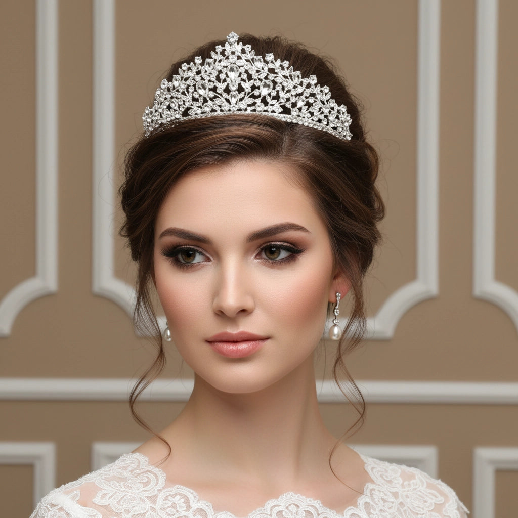 Woman wearing a silver tiara and earrings against a beige wall.