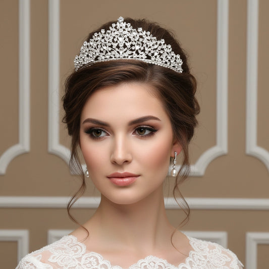 Woman wearing a silver tiara and earrings against a beige wall.