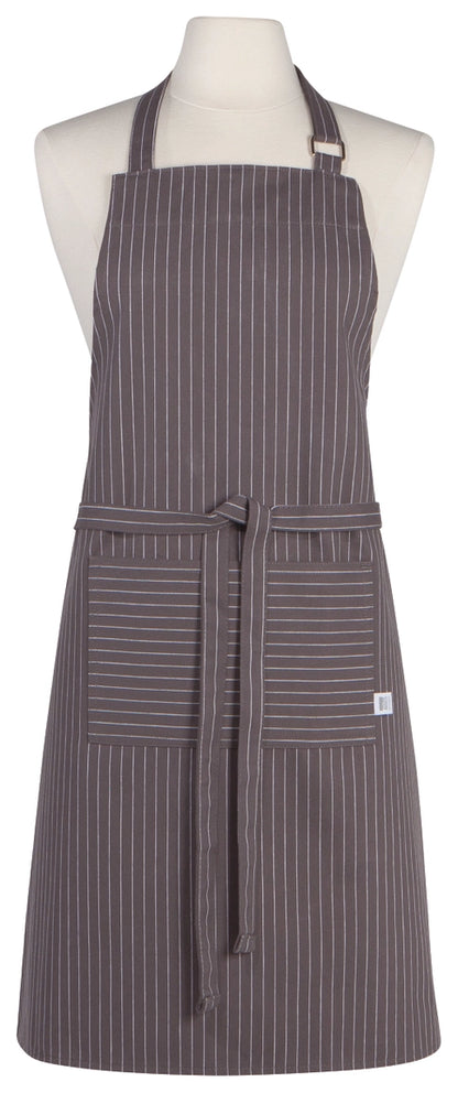 A dark gray pinstriped apron with a matching waist tie and two front pockets, displayed on a white mannequin torso against a white background.