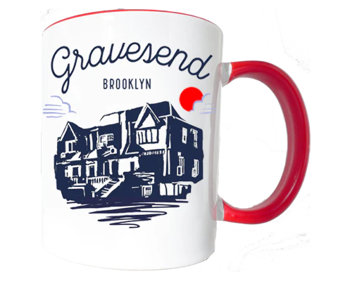 Mug with 'Gravesend Brooklyn' text and house illustration on a white background