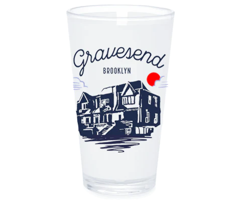 Clear glass with 'Gravesend Brooklyn' text and house illustration on a white background