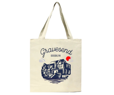 Tote bag with 'Gravesend Brooklyn' design on a white background