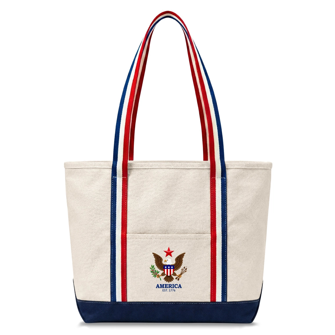 Tote bag with American flag design and text on a white background