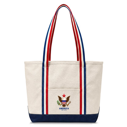 Tote bag with American flag design and text on a white background