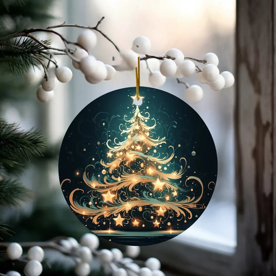 Decorative Christmas ornament with a gold tree design on a dark background, hanging from a branch.