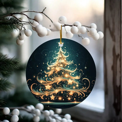 Decorative Christmas ornament with a gold tree design on a dark background, hanging from a branch.