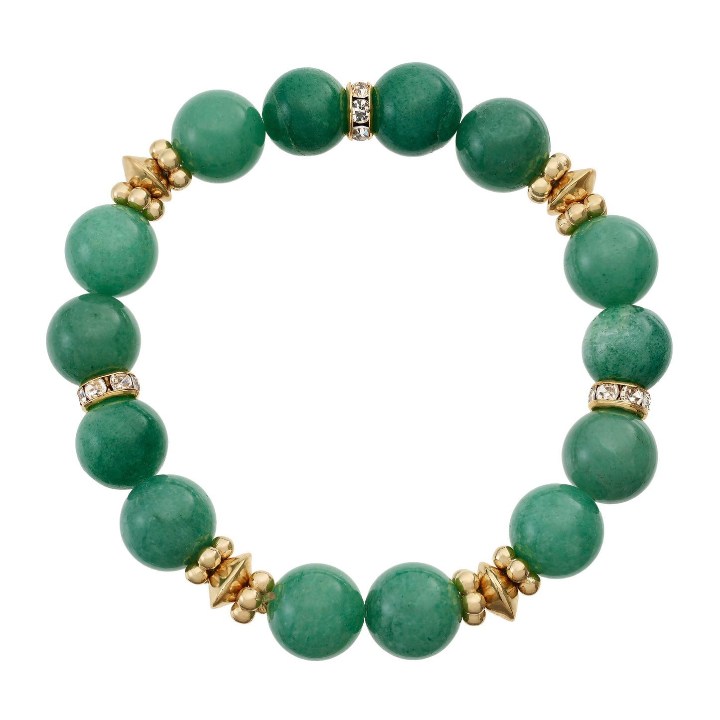 A beaded stretch bracelet featuring round green jade-like beads separated by small gold-toned spacer beads and two metallic spacer beads with clear stones, shown on a plain white background.