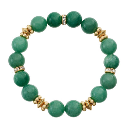 A beaded stretch bracelet featuring round green jade-like beads separated by small gold-toned spacer beads and two metallic spacer beads with clear stones, shown on a plain white background.