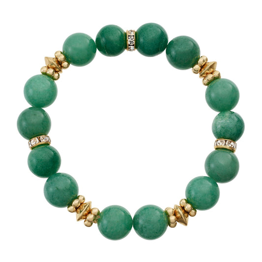 A beaded stretch bracelet featuring round green jade-like beads separated by small gold-toned spacer beads and two metallic spacer beads with clear stones, shown on a plain white background.