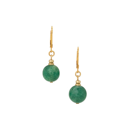 Gold earrings with green gemstones on a white background