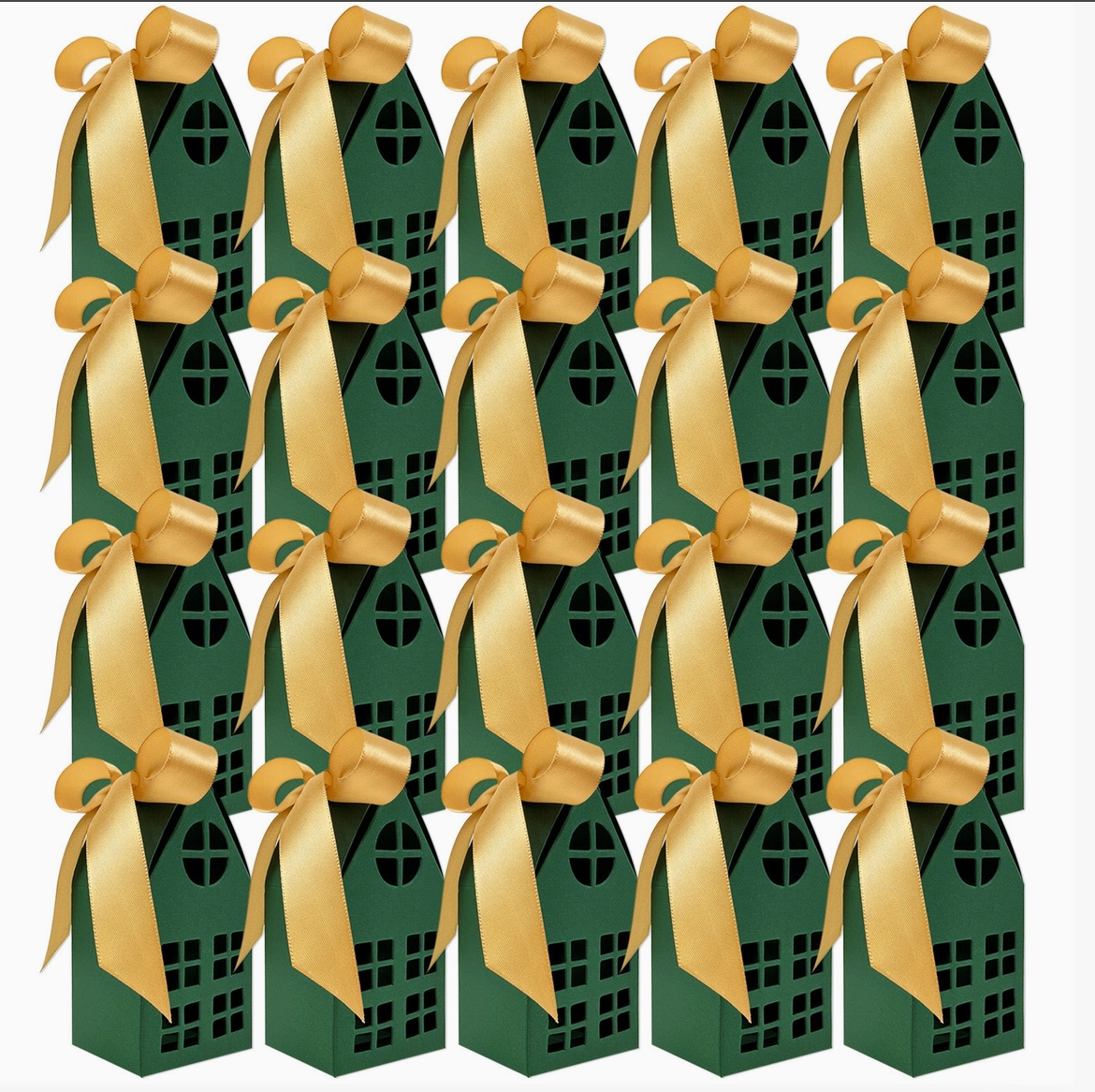 Set of 20 green Christmas house gift boxes with gold satin ribbons