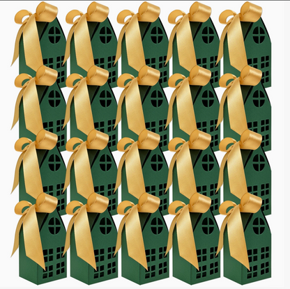 Set of 20 green Christmas house gift boxes with gold satin ribbons