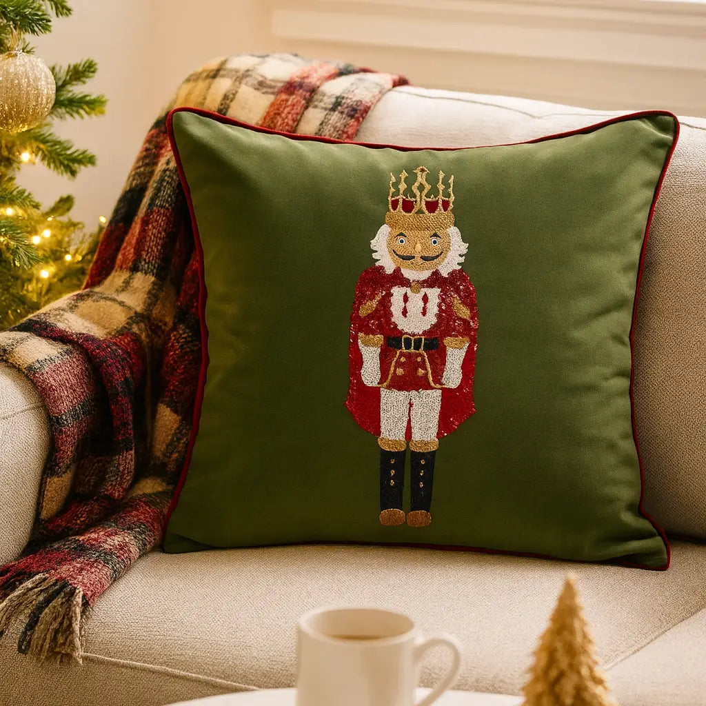 An olive green throw pillow with a red-trimmed border and a sequined nutcracker figure, styled on a beige couch with a plaid blanket and holiday decor.