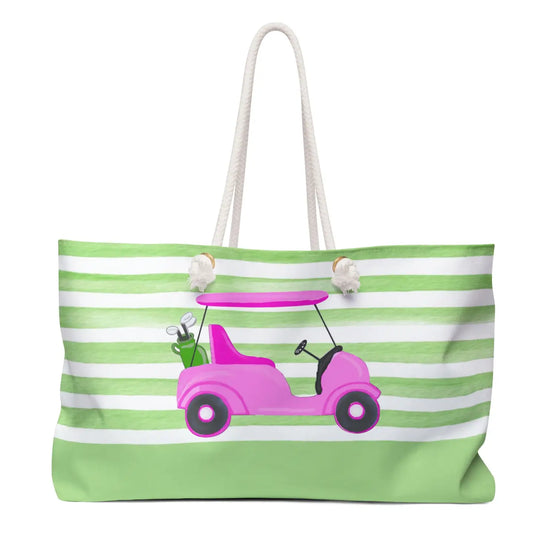 Green Stripes W Pink Golf Cart Canvas Weekender Tote Bag