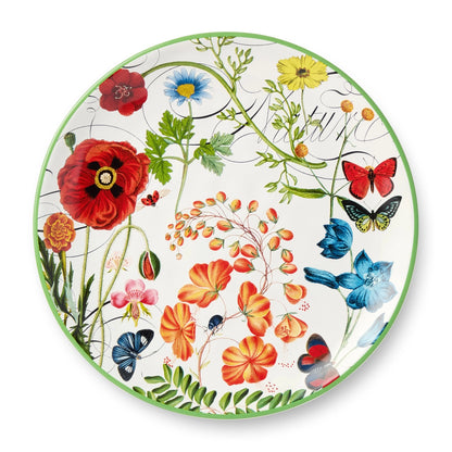 Decorative plate with colorful floral and butterfly design on a white background