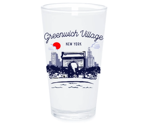 Clear glass with 'Greenwich Village New York' text and skyline design on a white background