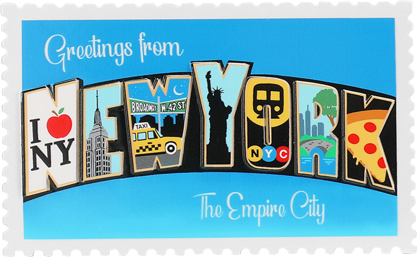 Postcard design with 'Greetings from New York' text and iconic symbols on a blue background