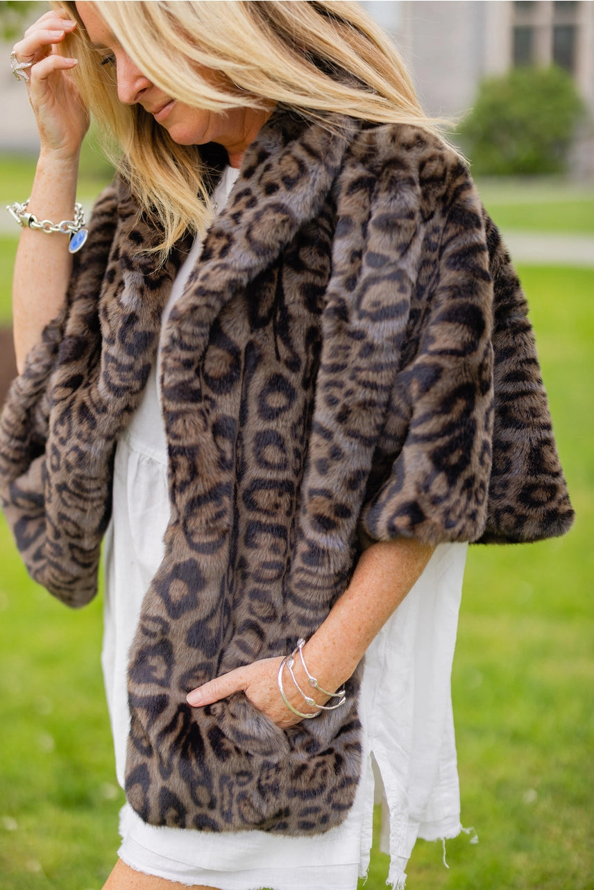 Grey Leopard Faux Fur Collins Capelet