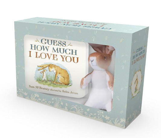 Gift set with 'Guess How Much I Love You' book and plush toy on a light blue background