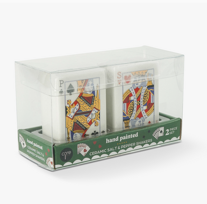 Hand-painted ceramic playing card salt and pepper shaker set displayed in clear gift packaging