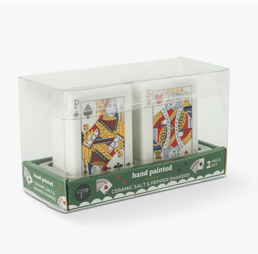 Hand-painted ceramic playing card salt and pepper shaker set displayed in clear gift packaging