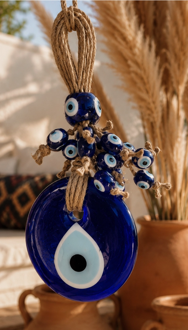 Handmade Turkish Evil Eye Glass Wall Hanging with Beaded Tassels