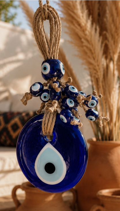 Handmade Turkish Evil Eye Glass Wall Hanging with Beaded Tassels