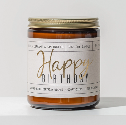 Candle jar with 'Happy Birthday' label on a white background