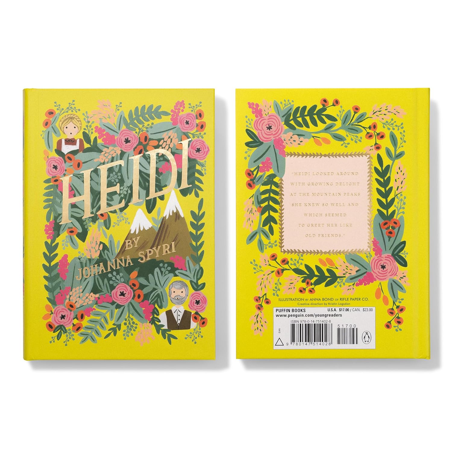 Book cover of 'Heidi' by Johanna Spyri with floral design on a yellow background