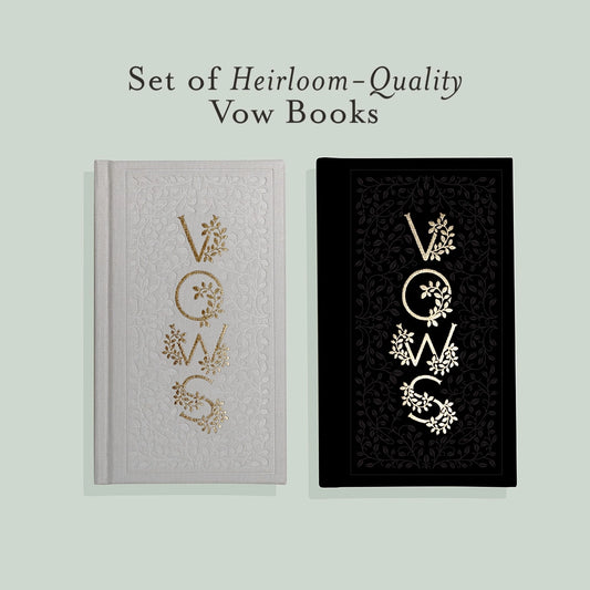 Set of heirloom-quality vow books with decorative text on a light gray background