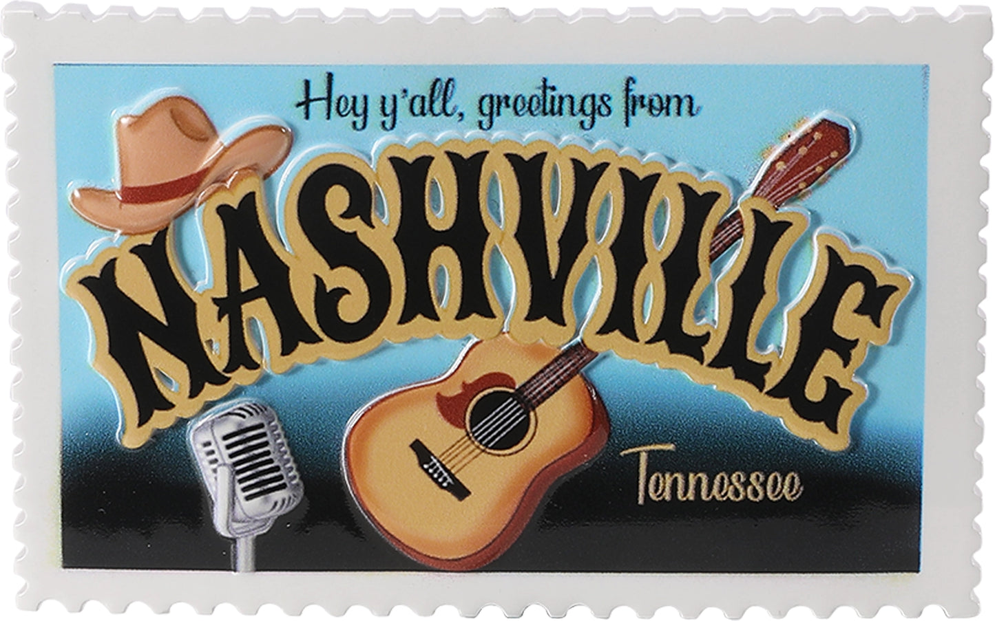 Stylized text 'Hey y'all, greetings from Nashville Tennessee' with a guitar, cowboy hat, and microphone on a blue background.
