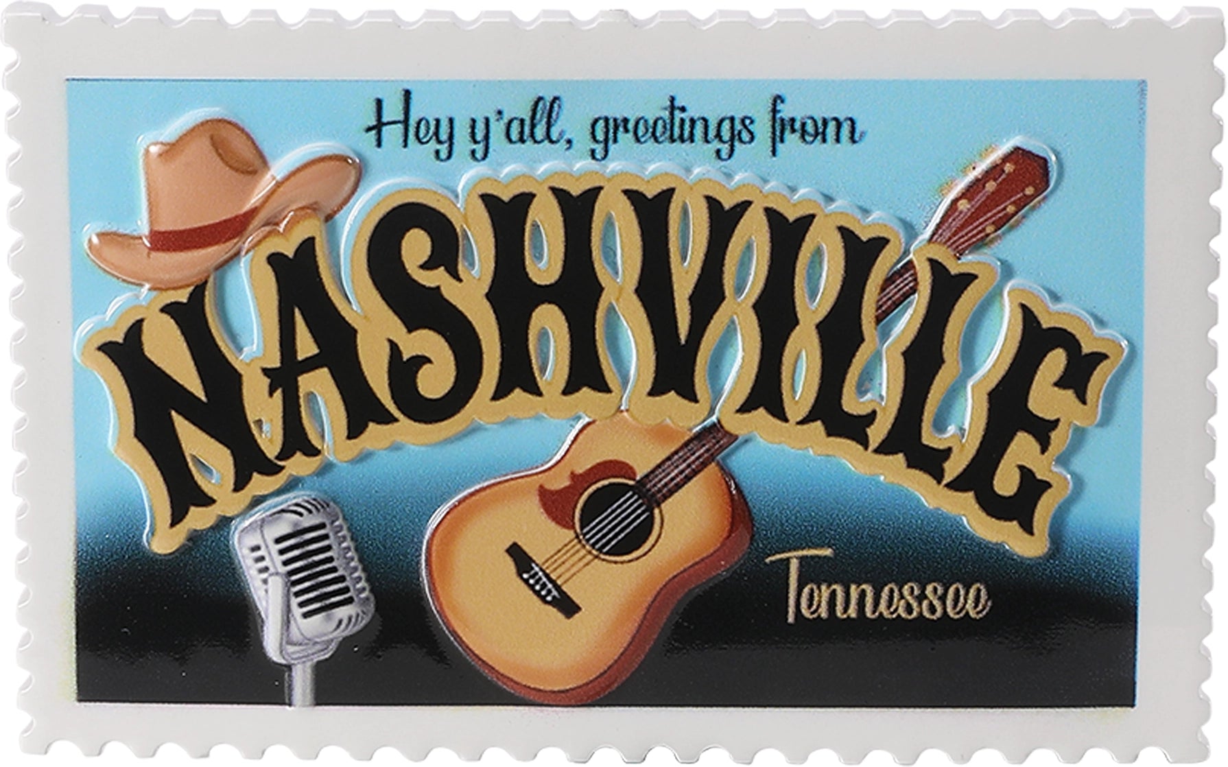 Stylized text 'Hey y'all, greetings from Nashville Tennessee' with a guitar, cowboy hat, and microphone on a blue background.