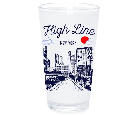 Clear glass with 'High Line New York' design on a white background