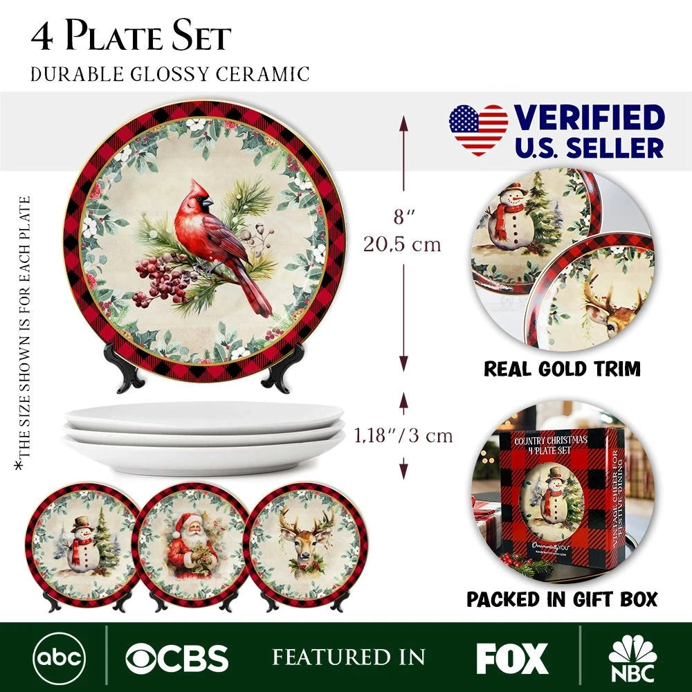 Holiday Cheer Set of 4 Plates with Real Gold Plaid Trim