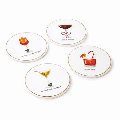 Four round white coasters with gold rims, each featuring a different cocktail illustration and handwritten-style labels, arranged on a white background.