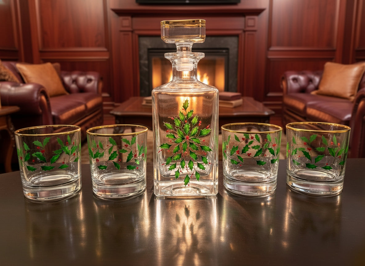 A holiday themed whiskey carafe with 4 glasses in a bespoke cigar lounge 