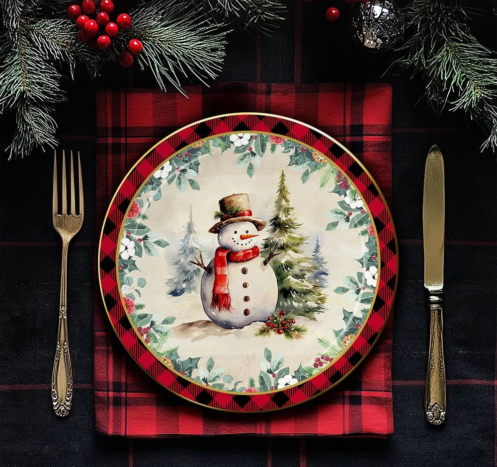 Holiday Cheer Set of 4 Plates with Real Gold Plaid Trim