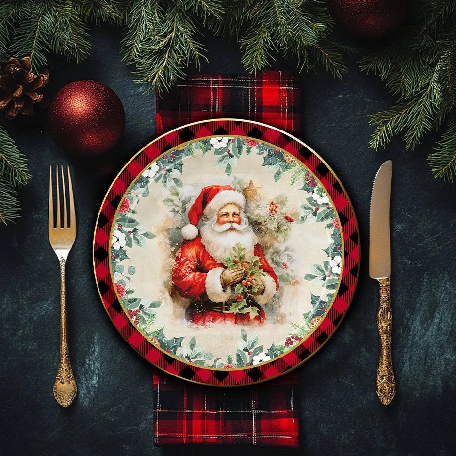 Holiday Cheer Set of 4 Plates with Real Gold Plaid Trim