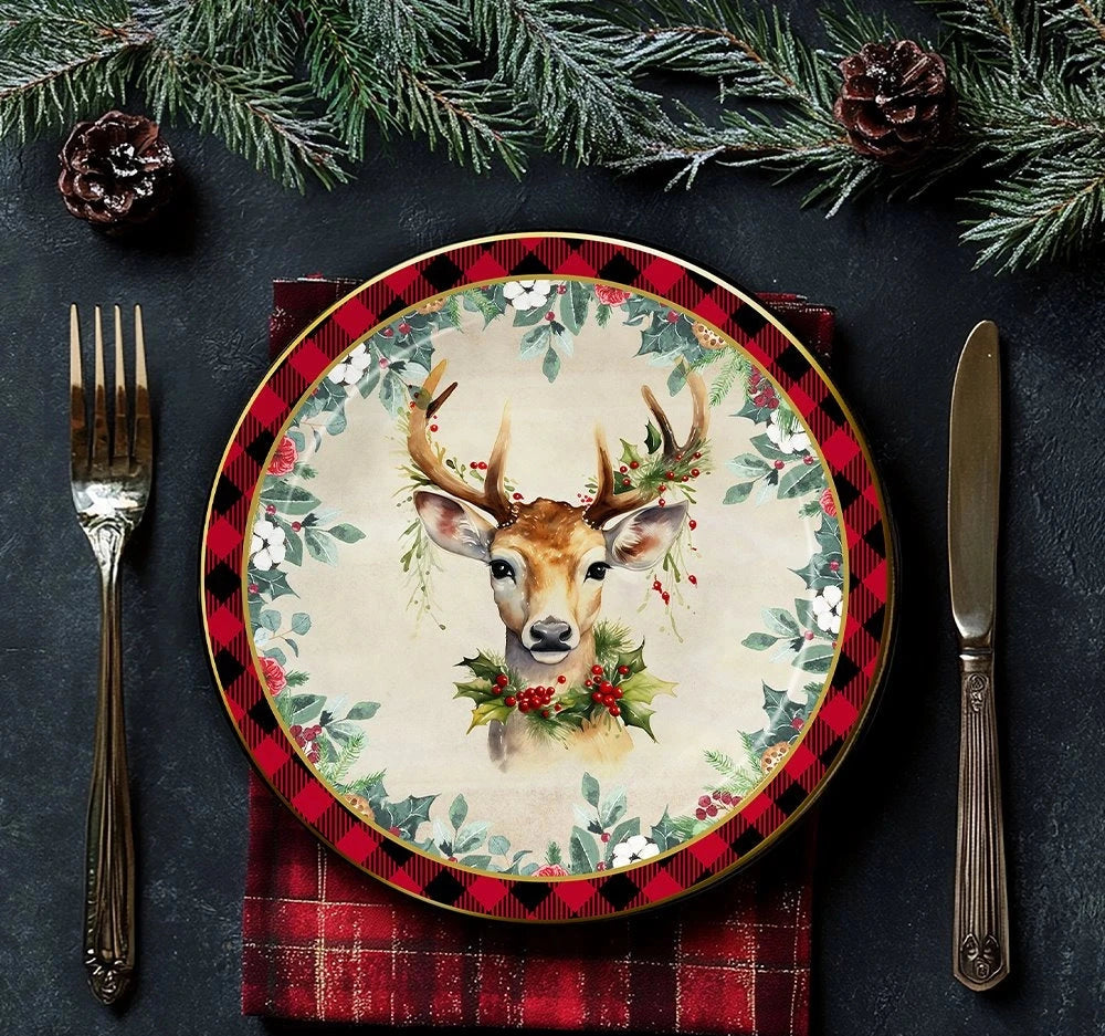 Holiday Cheer Set of 4 Plates with Real Gold Plaid Trim