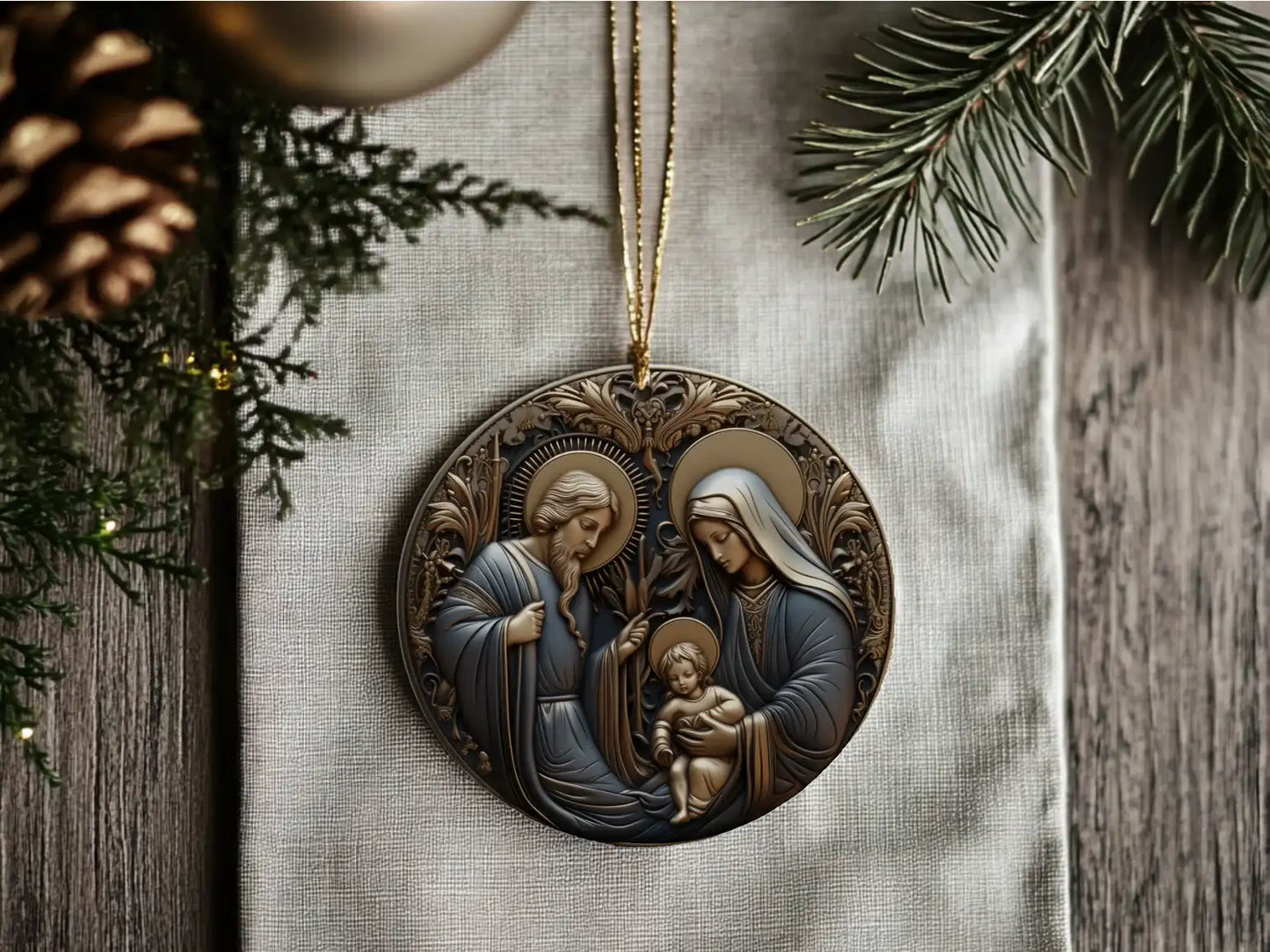 Decorative ornament of the Holy Family on a rustic wooden background with pine branches.