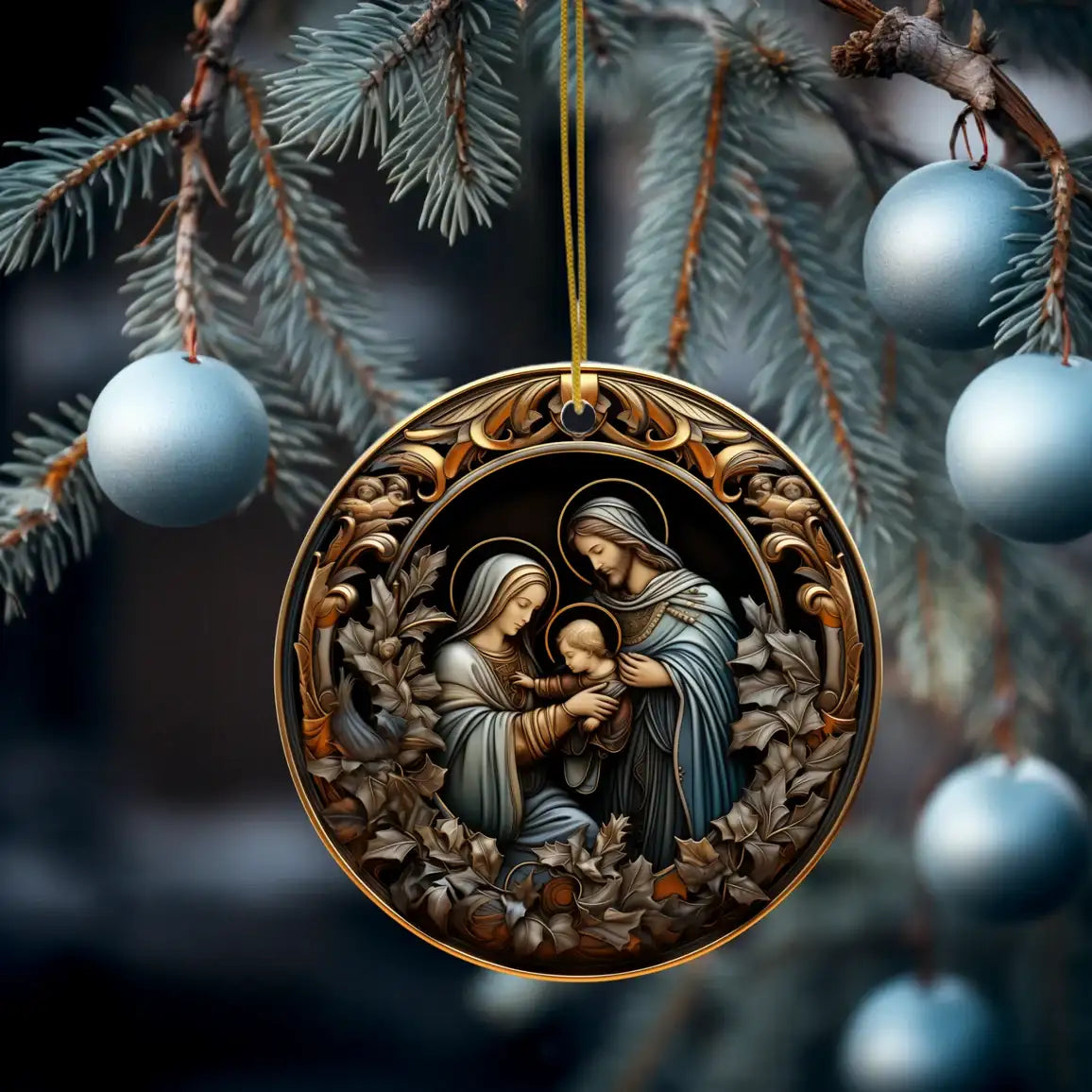 Holy Family Scene Ceramic Disc Ornament