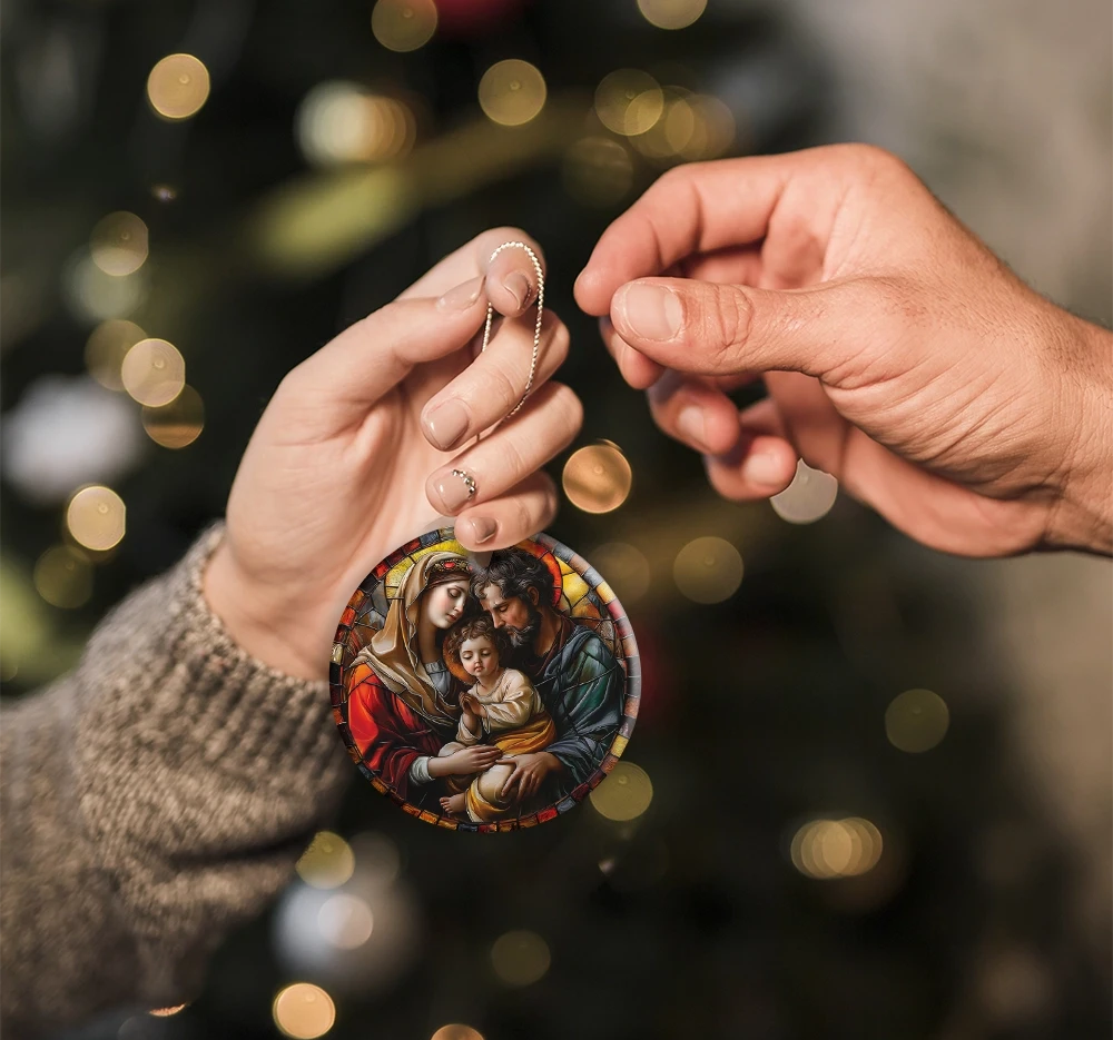 The Holy Family Stained Glass Themed Ceramic Ornament