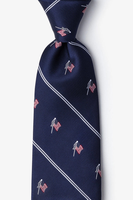 Navy blue tie with red and white pattern on a white background