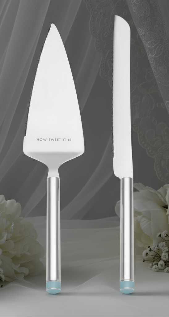 Set of cake server and knife with 'How Sweet It Is' branding on a white background
